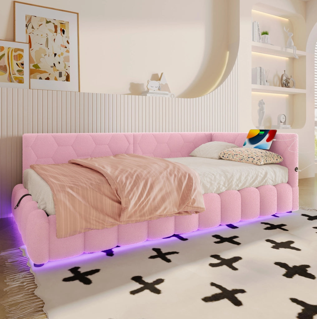 LETTO 90x200 cm Rosa in Vliesimitat e MDF con luce LED, USB e Type-C