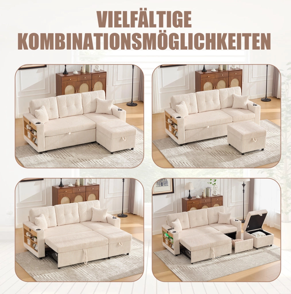 Divano letto in tessuto corduroy beige con contenitore; USB-C e luci LED; 196 cm