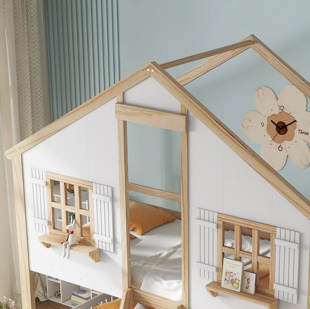 Letto a castello per bambini 90x200 cm bianco naturale con tetto, finestre e scala