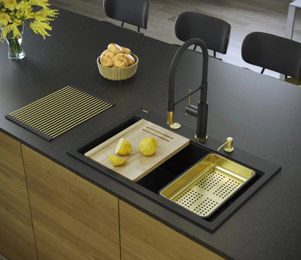 Lavello In Granito Marc 110 Workstation Black Tappo rame spazzolato