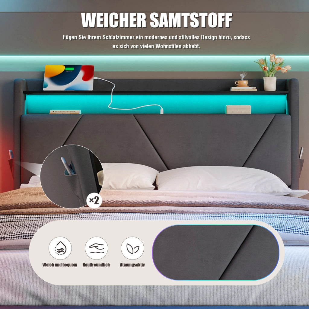 Letto contenitore 140 × 200 cm con testiera in velluto; LED; prese USB e Type-C; vano contenitore grigio scuro