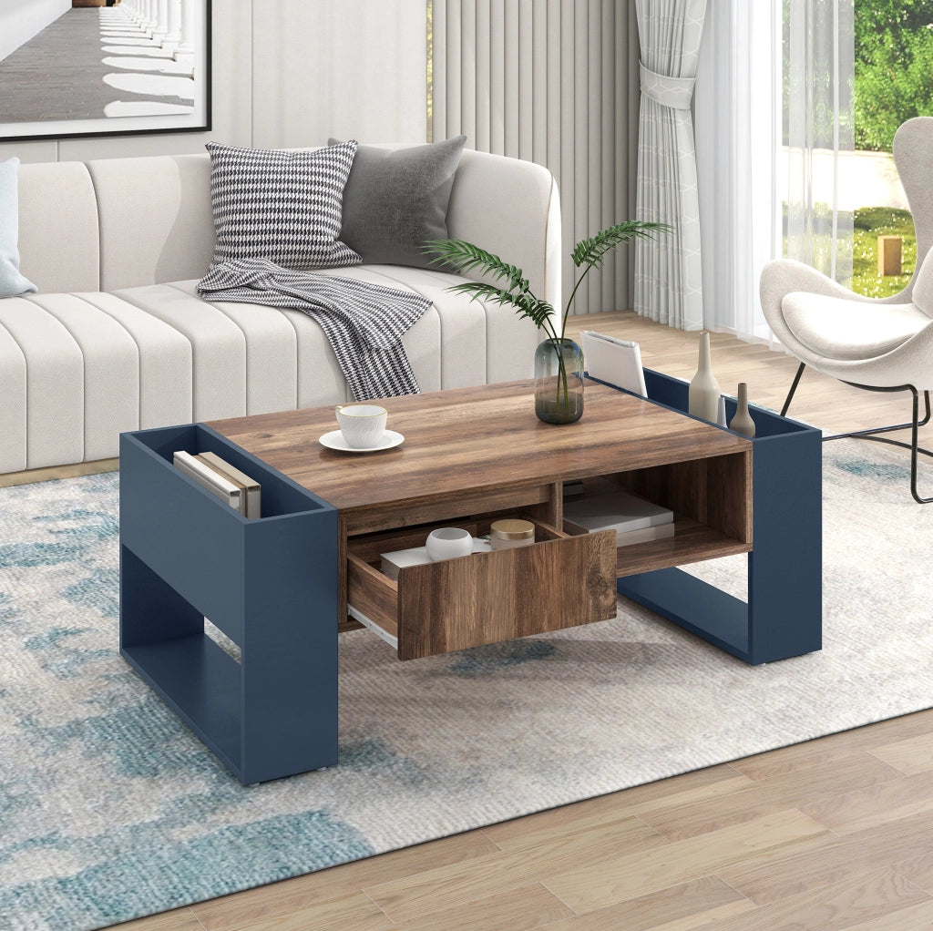 Tavolino da caffè rettangolare 111x40x60 cm in truciolare con vani contenitore; legno e nero