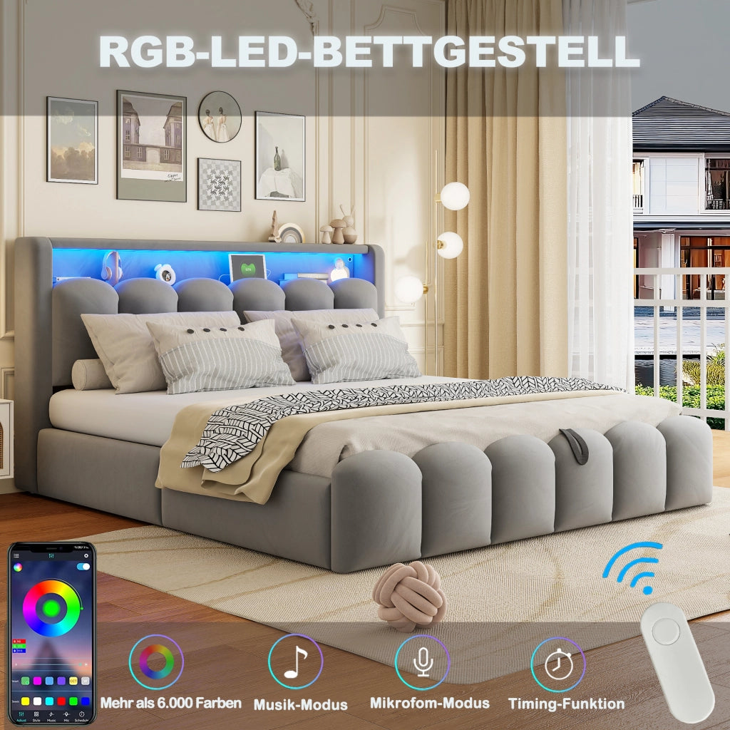 Letto matrimoniale con contenitore 180 × 200 cm imbottito in velluto con LED USB e Type-C grigio
