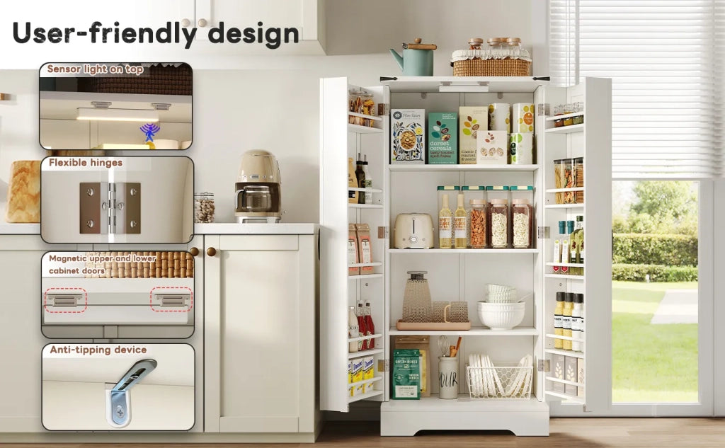 Credenza da cucina 128,5 cm stile country bianca con texture, 2 ante e ripiani regolabili, illuminazione LED, per sala da pranzo o soggiorno