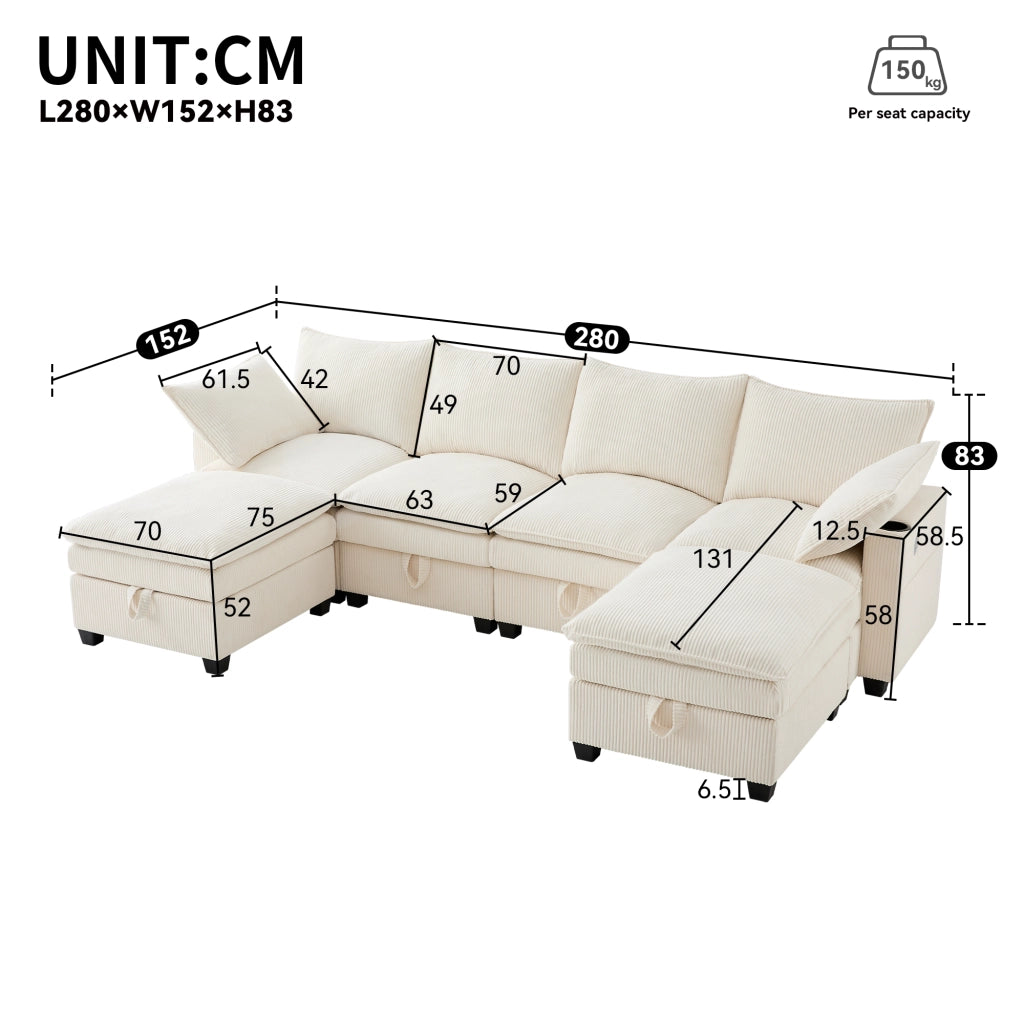 Divano modulare 5-6 posti con USB, contenitori e rivestimento in velluto a coste beige