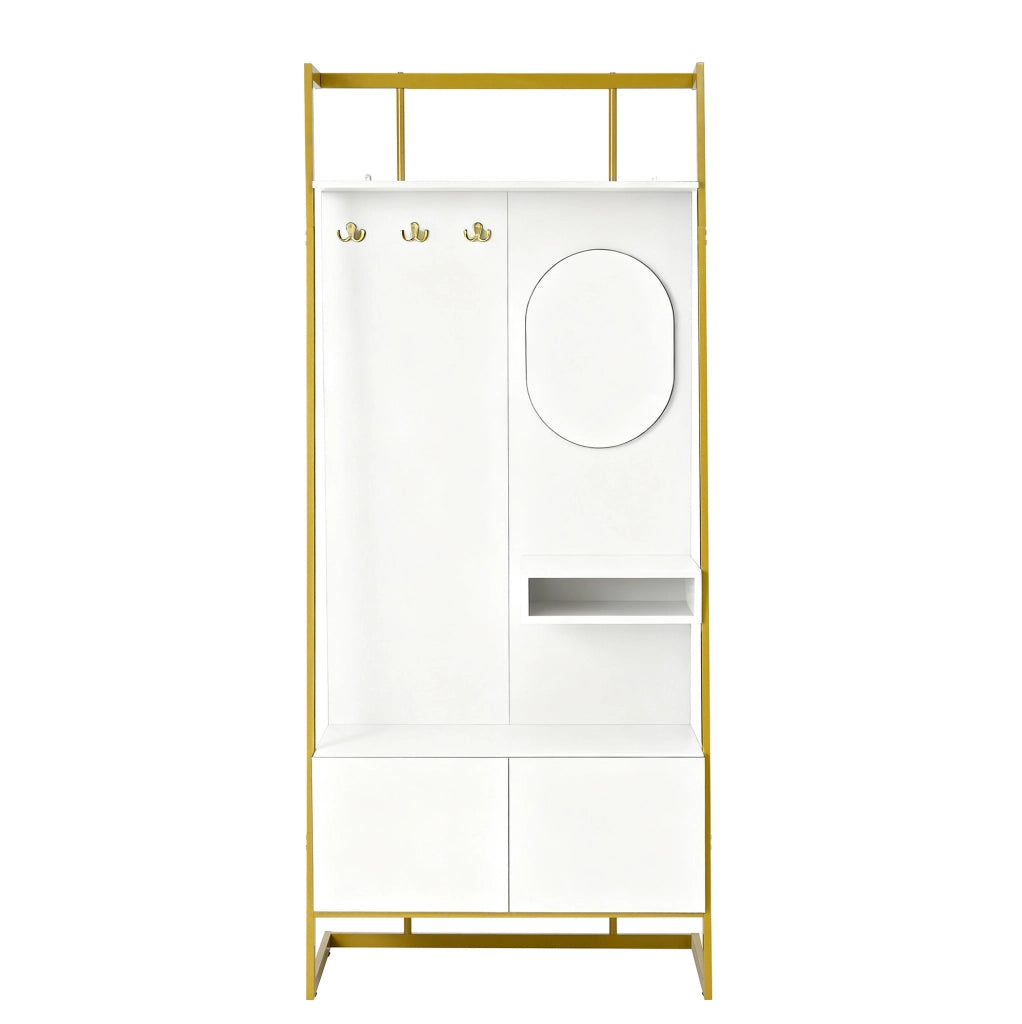 Garderoba compatta bianca con specchio, appendiabiti in metallo e vano porta scarpe, design minimalista per ingresso