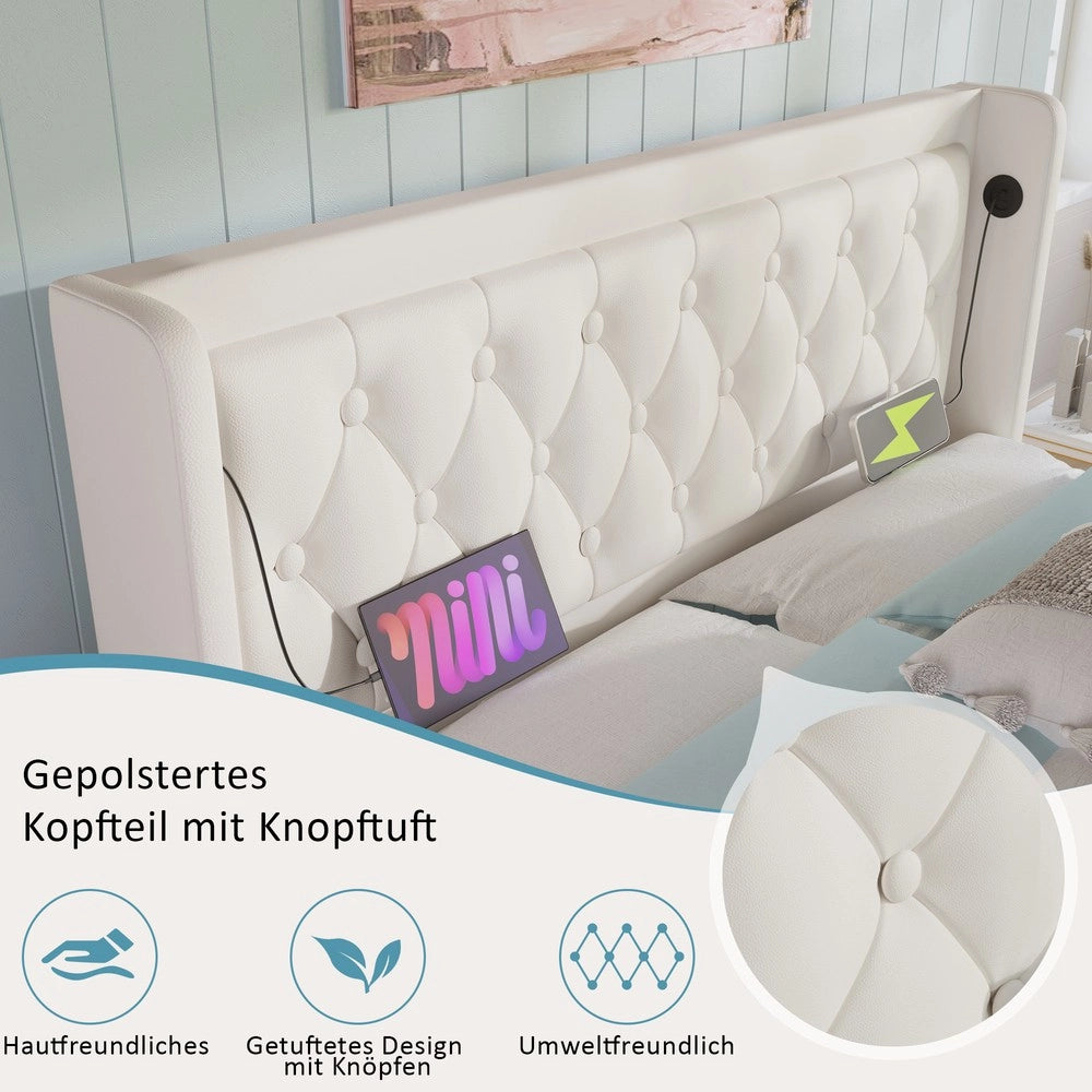 Letto Contenitore Imbottito Matrimoniale LED con USB ¨C MINIMAL ¨C Bianco, 140x200, Idraulico