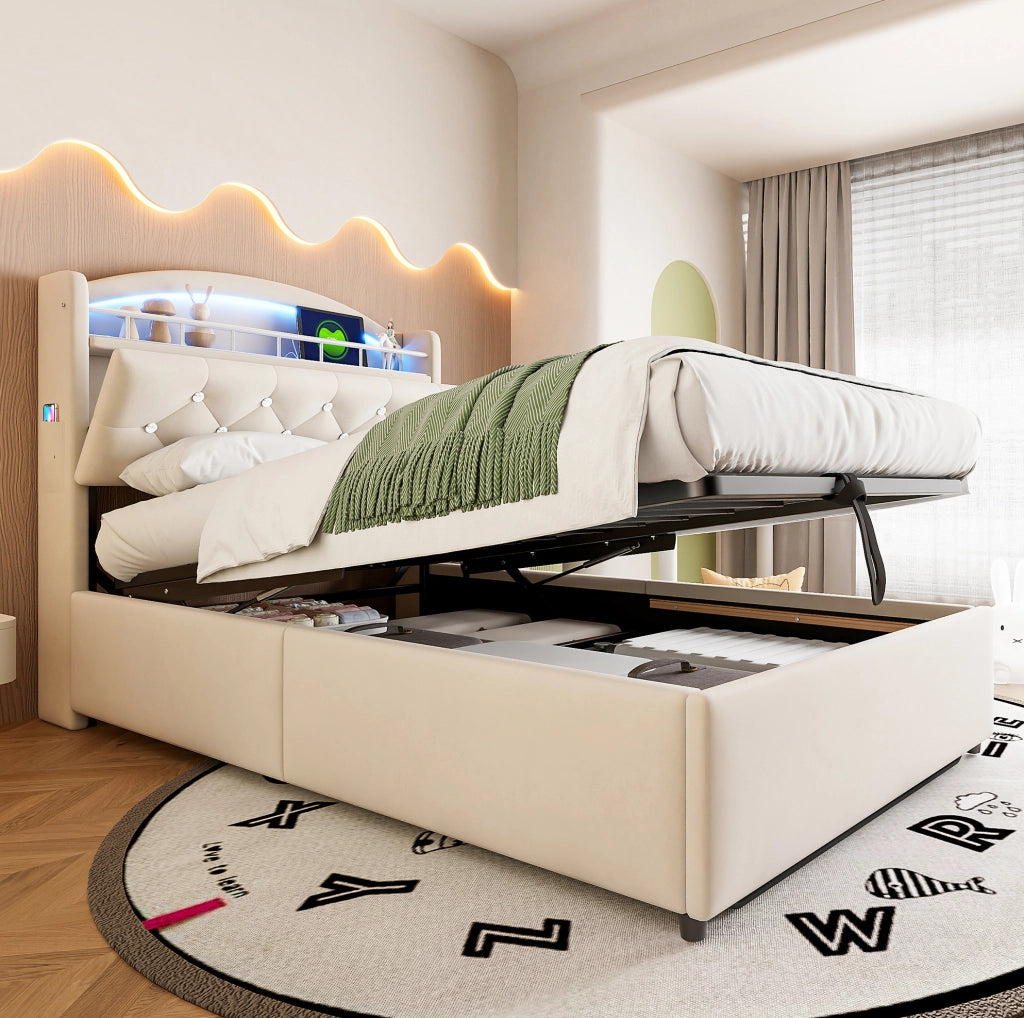 Letto imbottito per bambini 90x200 cm con contenitore; LED; USB e Type-C; beige