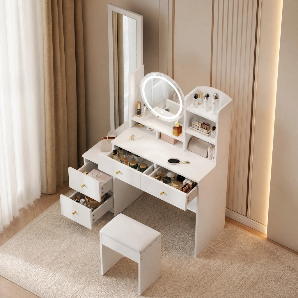Toeletta 4 in 1 109x36x164 cm con specchio LED; specchio girevole; 4 cassetti e sgabello; bianco