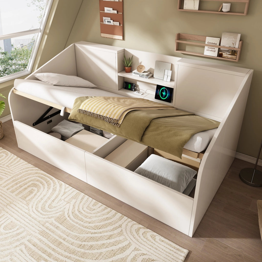 Letto divano singolo 90 × 200 cm con contenitore idraulico; 2 mensole; 3 USB e Type-C; senza materasso; bianco