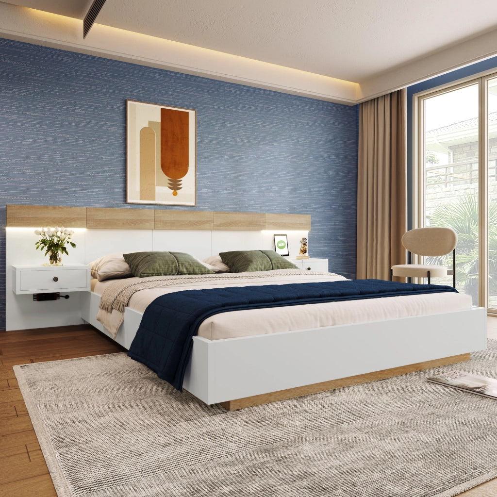 Letto matrimoniale 160x200 cm con comodini LED, USB-C e prese UE