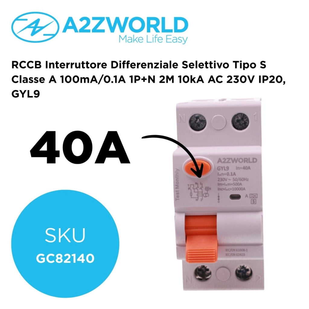 RCCB Interruttore Differenziale Selettivo Tipo S Classe A 100mA/0.1A 1P+N 2M 10kA AC 230V IP20, GYL9, Corrente Disponibili 40A 63A (40A)