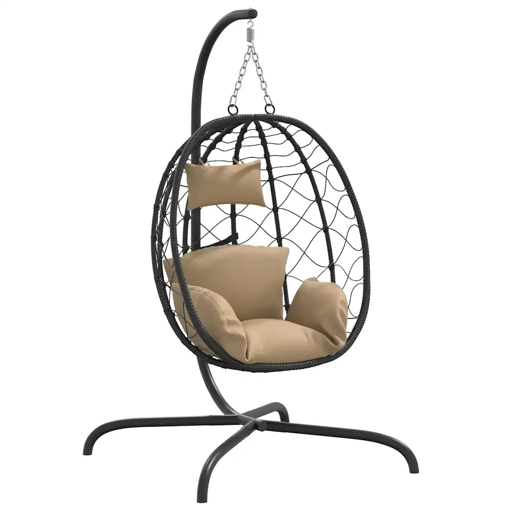 Poltrona sospesa a uovo con cuscino in polyrattan e acciaio color tortora 360047