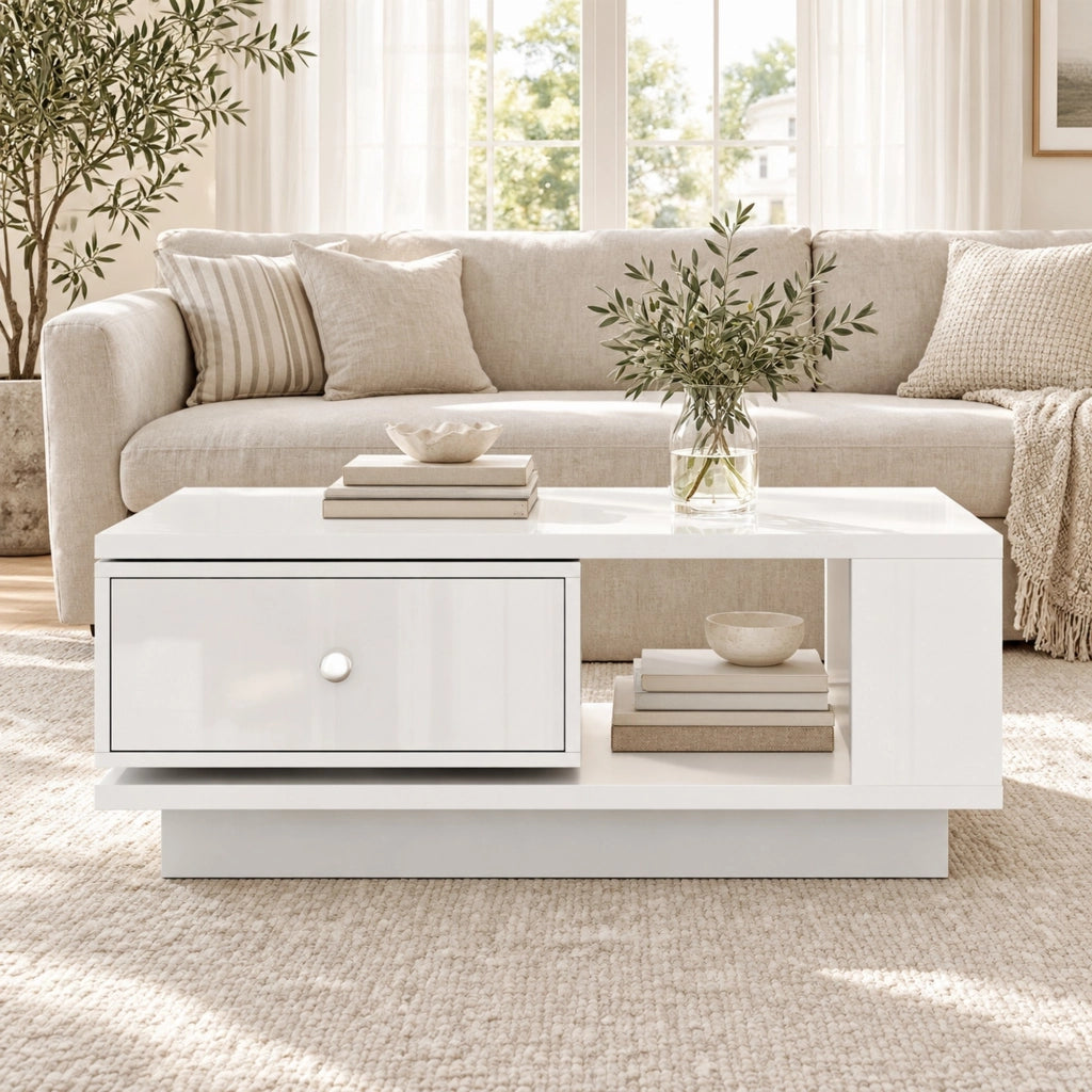 Tavolino da salotto con cassetto girevole e vano aperto, bianco lucido, in MDF e truciolare, 90 × 48 × 35 cm