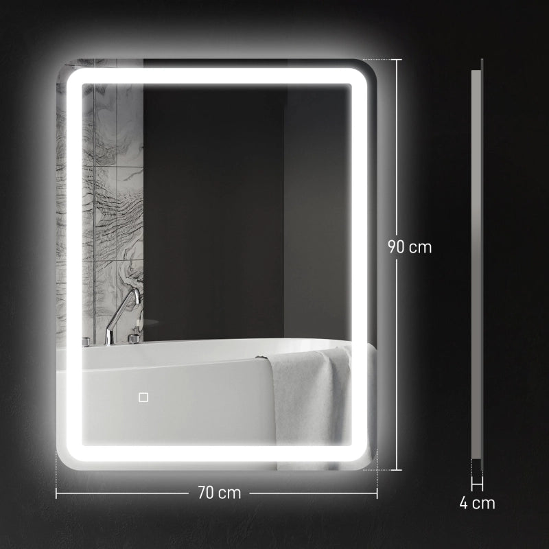 Specchio da bagno LED con touch antiappannamento dimmerabile in vetro argento 3 tonalità di luce 70 × 4 × 90 cm