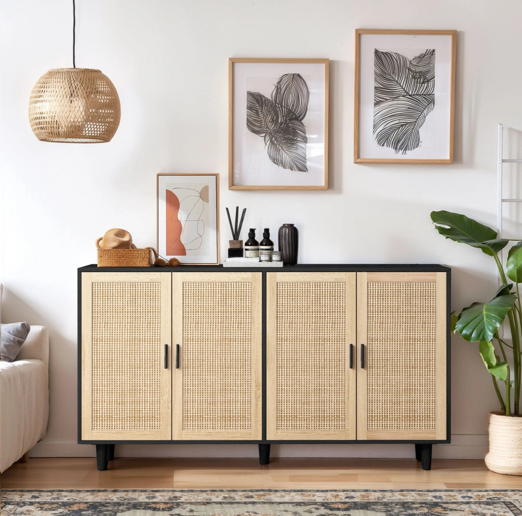 Mobile contenitore 4 ante in rattan 158 x 40 x 88 cm in truciolare nero