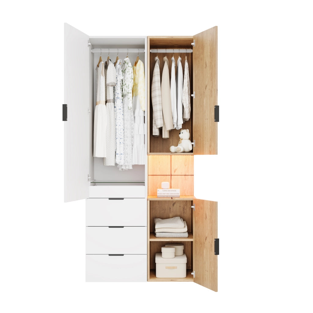 Armadio con 4 cassetti illuminazione LED e vano gioielli in MDF bianco effetto rovere 90 × 49 × 200 cm