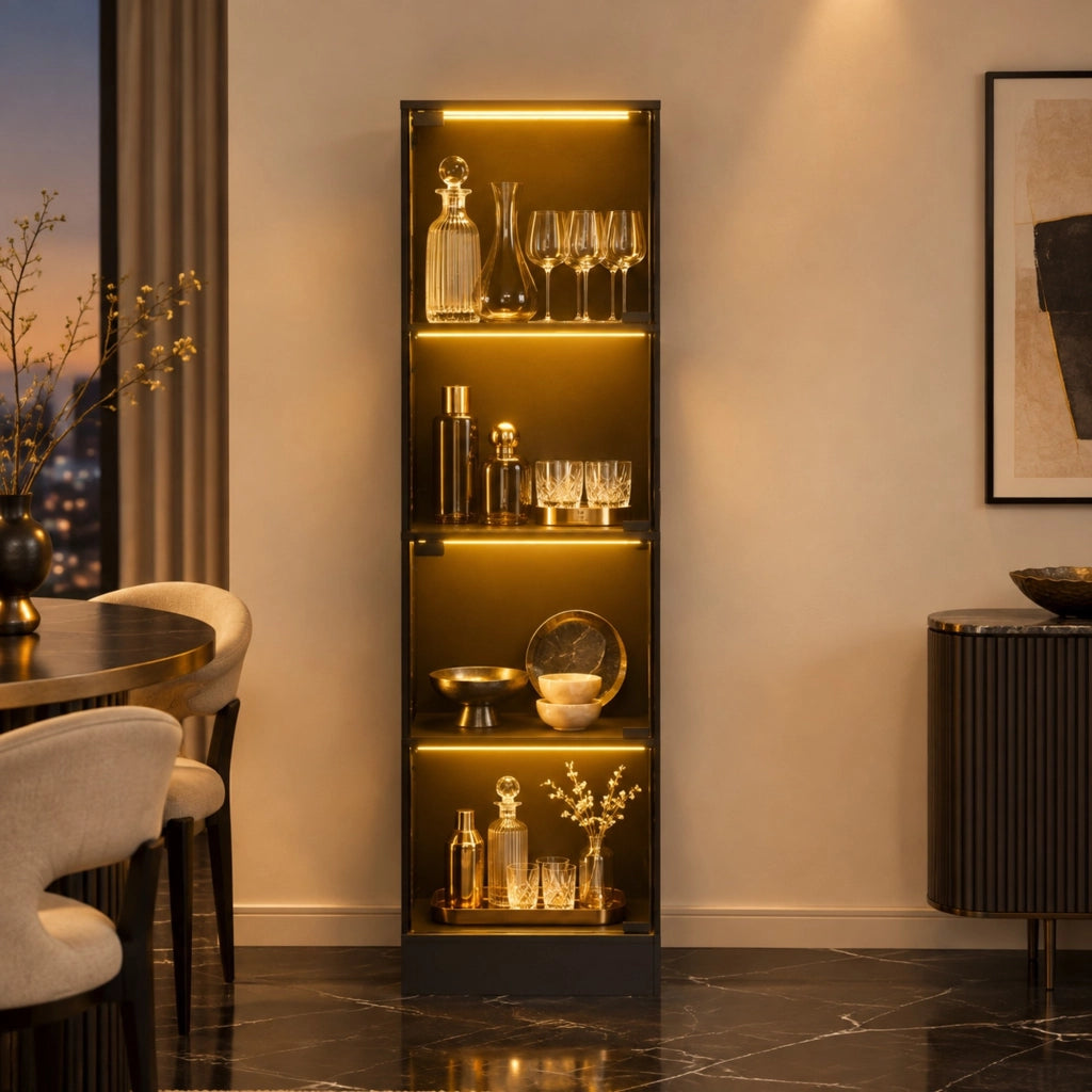 Vetrina con ante in vetro 40x35x165 cm con LED a 3 colori e sensore; effetto acacia