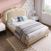 Letto imbottito 90x190 cm con testiera LED regolabile in lino beige
