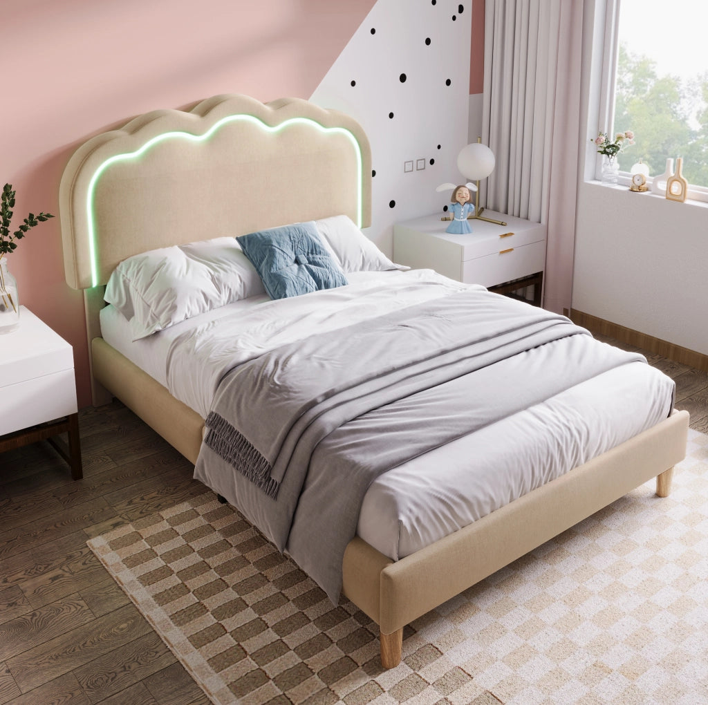 Letto imbottito 90x190 cm con testiera LED regolabile in lino beige