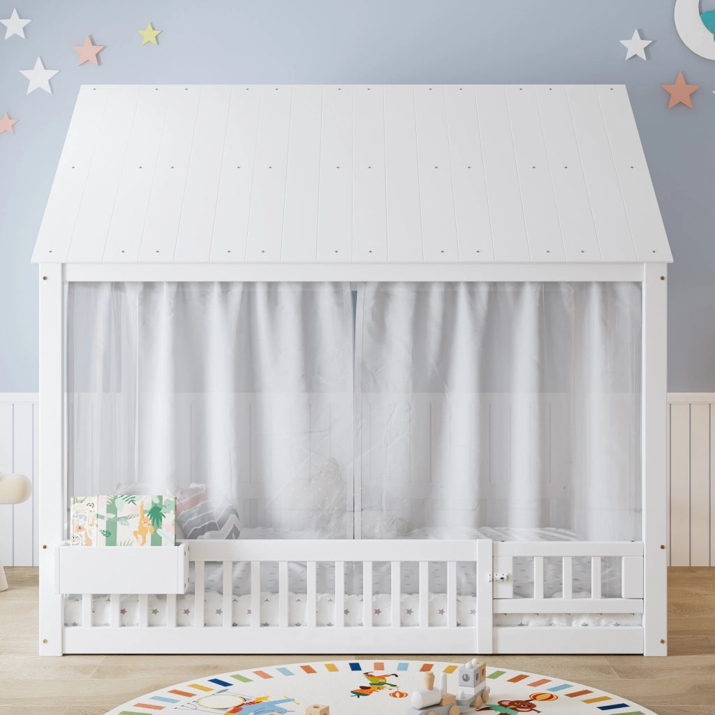 Letto singolo per bambini 140 × 200 cm con tende bianche vano contenitore e rete a doghe in legno bianco