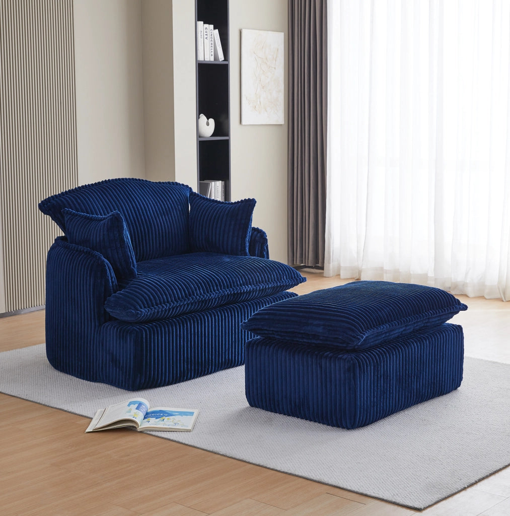 Divano compatto YEAVIO in tessuto vellutato con poltrona e pouf per piccoli spazi