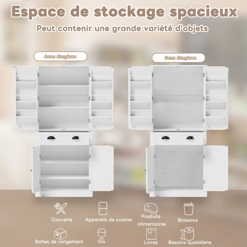 Credenza da cucina per stoviglie con 4 ante; ampio cassetto e 4 ripiani regolabili in MDF bianco 80 × 40 × 182 cm