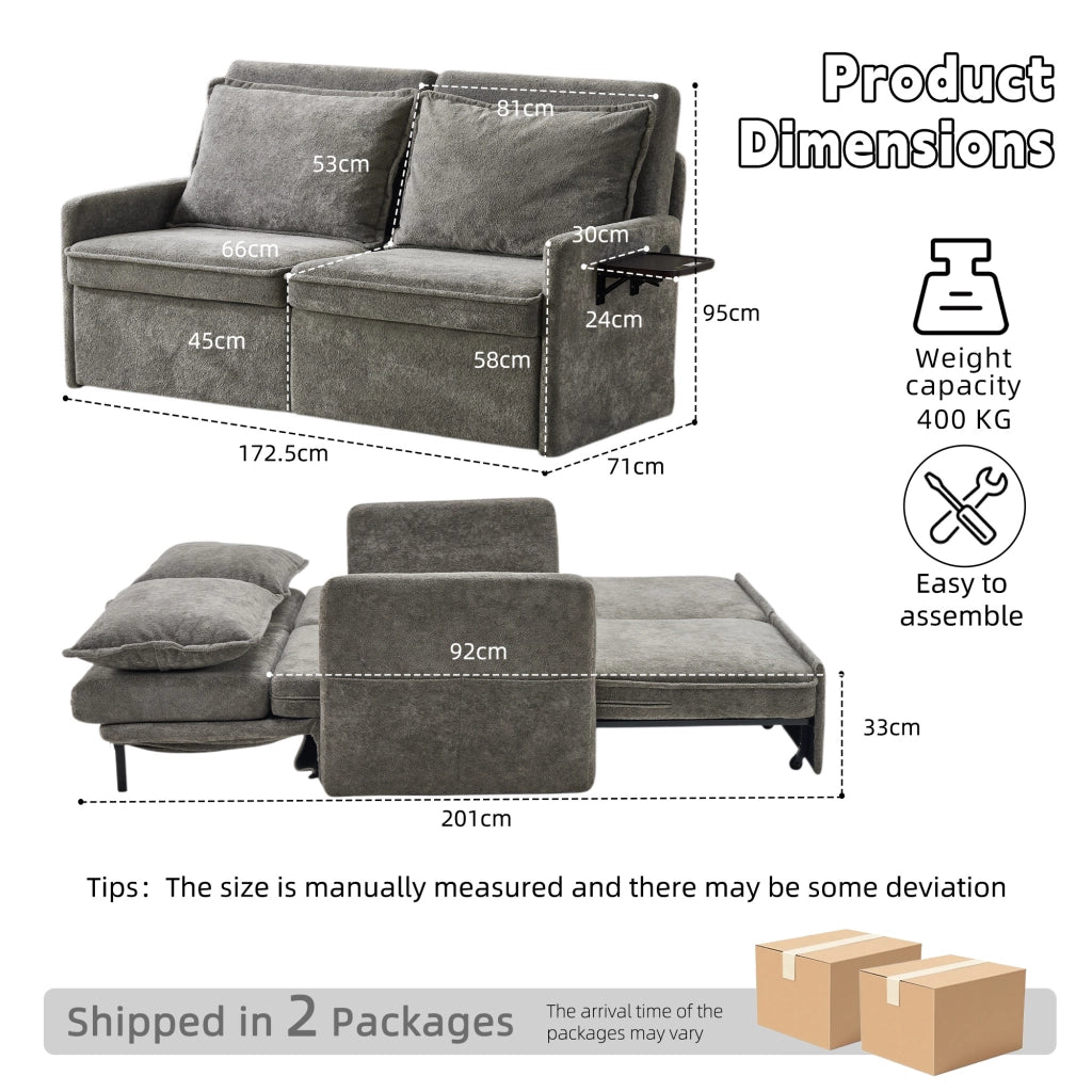 1 Divano letto grigio in chenille 3 in 1 con cuscini, schienale regolabile 5 livelli, USB, contenitore, pieghevole, per casa