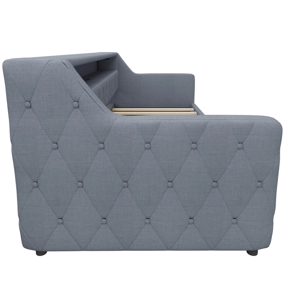 Divano letto 90x200 cm grigio in lino e MDF con vano contenitore idraulico