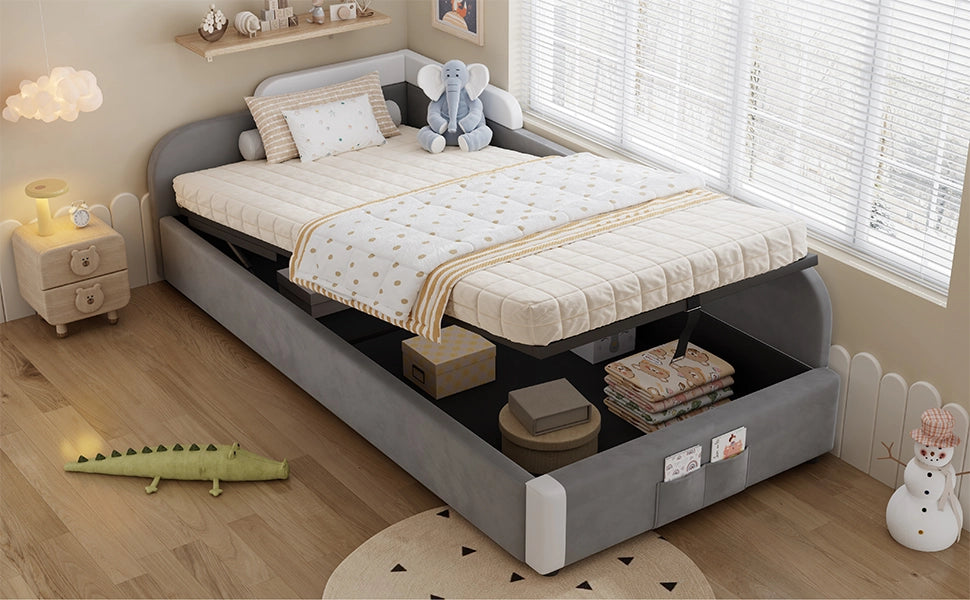 Letto singolo contenitore 90x200 cm in velluto grigio e bianco; sollevamento idraulico e sponda destra per cameretta