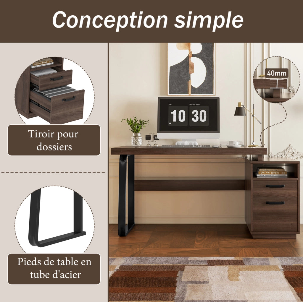 Scrivania moderna 135x54 cm in MDF con struttura in tubi d'acciaio, design multifunzionale con cassetto silenzioso e spazio porta documenti, colore marrone