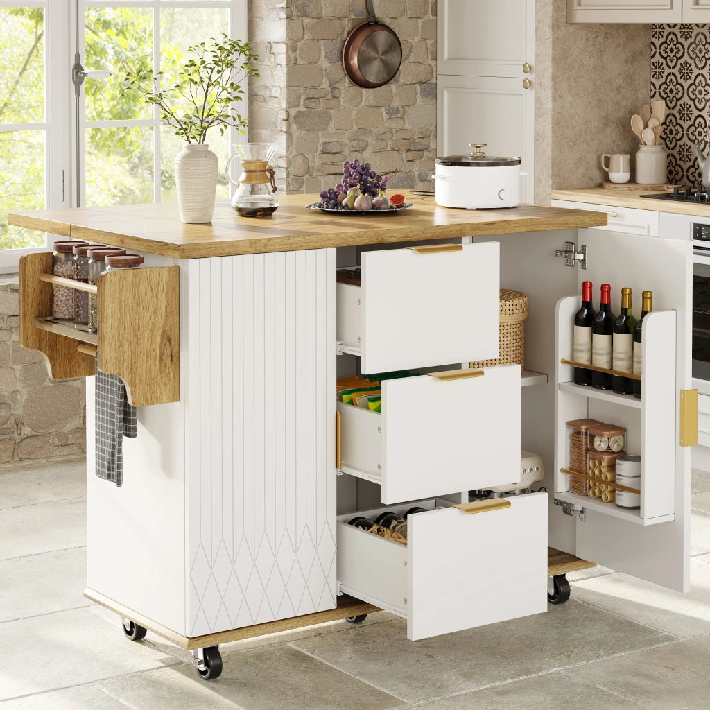 Carrello da cucina con piano di lavoro pieghevole e presa elettrica, mobile isola su ruote, bianco effetto legno, portata 70 kg