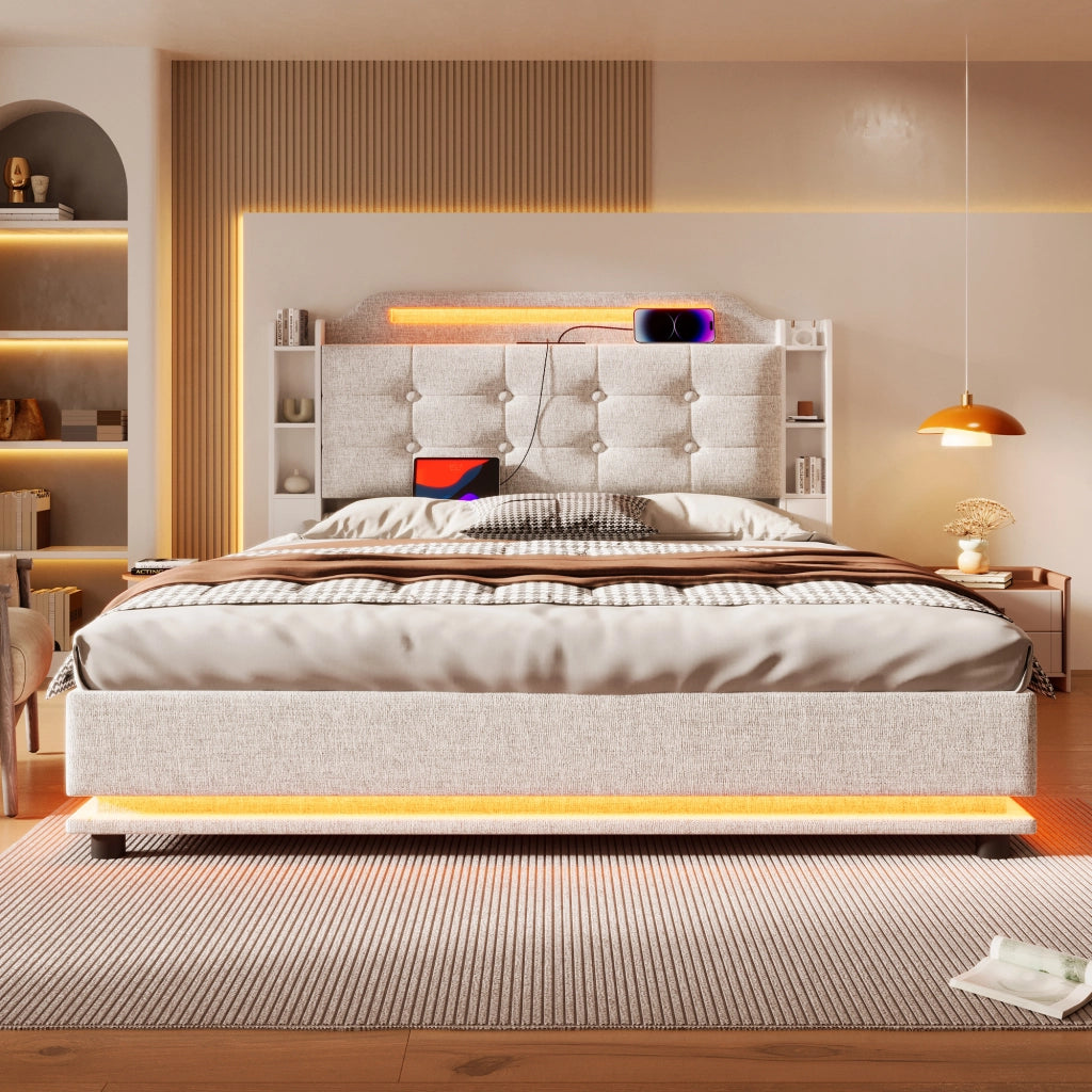 Letto matrimoniale 140 × 200 cm con contenitore idraulico, LED, USB e Type-C, senza materasso, in lino beige