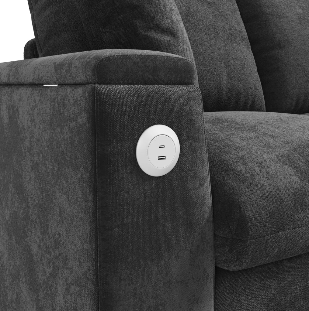 Divano a U in ciniglia con chaise longue contenitore; USB e Type-C; 279×135×84 cm; grigio