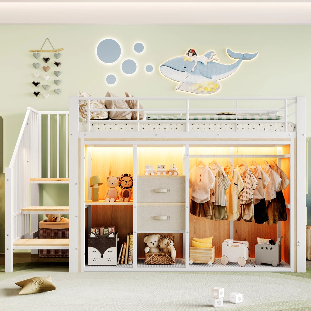 Letto per bambini 90 x 200 cm con armadio LED ripiani e 2 cassetti letto singolo con contenitori in metallo e MDF bianco