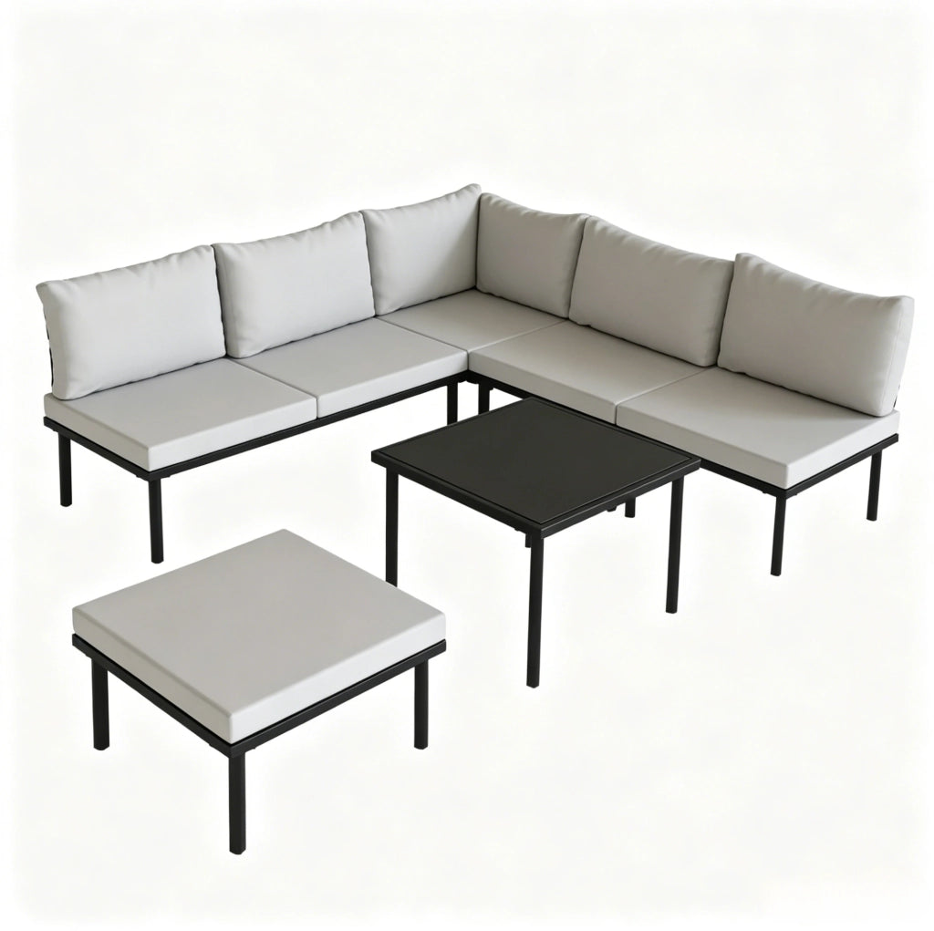 Set da giardino 6 pezzi con divano 2 posti e tavolino in vetro temperato; nero e grigio chiaro