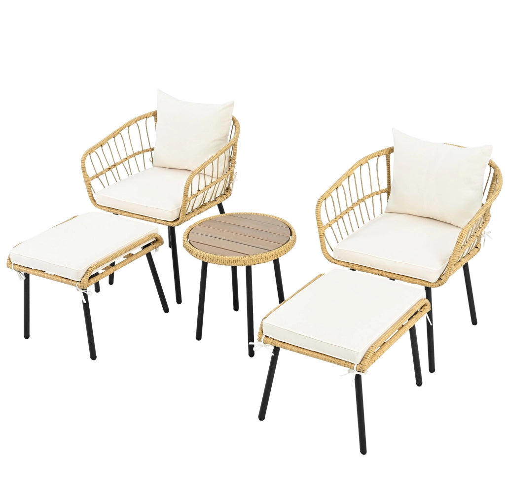 Set lounge da giardino 5 pezzi bianco e naturale in rattan con cuscini