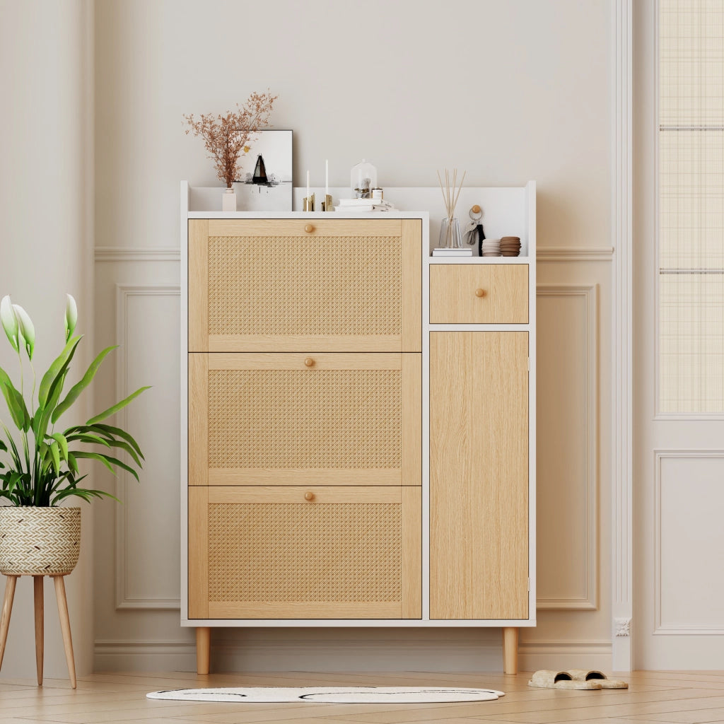 Scarpiera a ribalta con ripiani regolabili; 90 ¡Á 125 ¡Á 17 cm; MDF; naturale e bianco