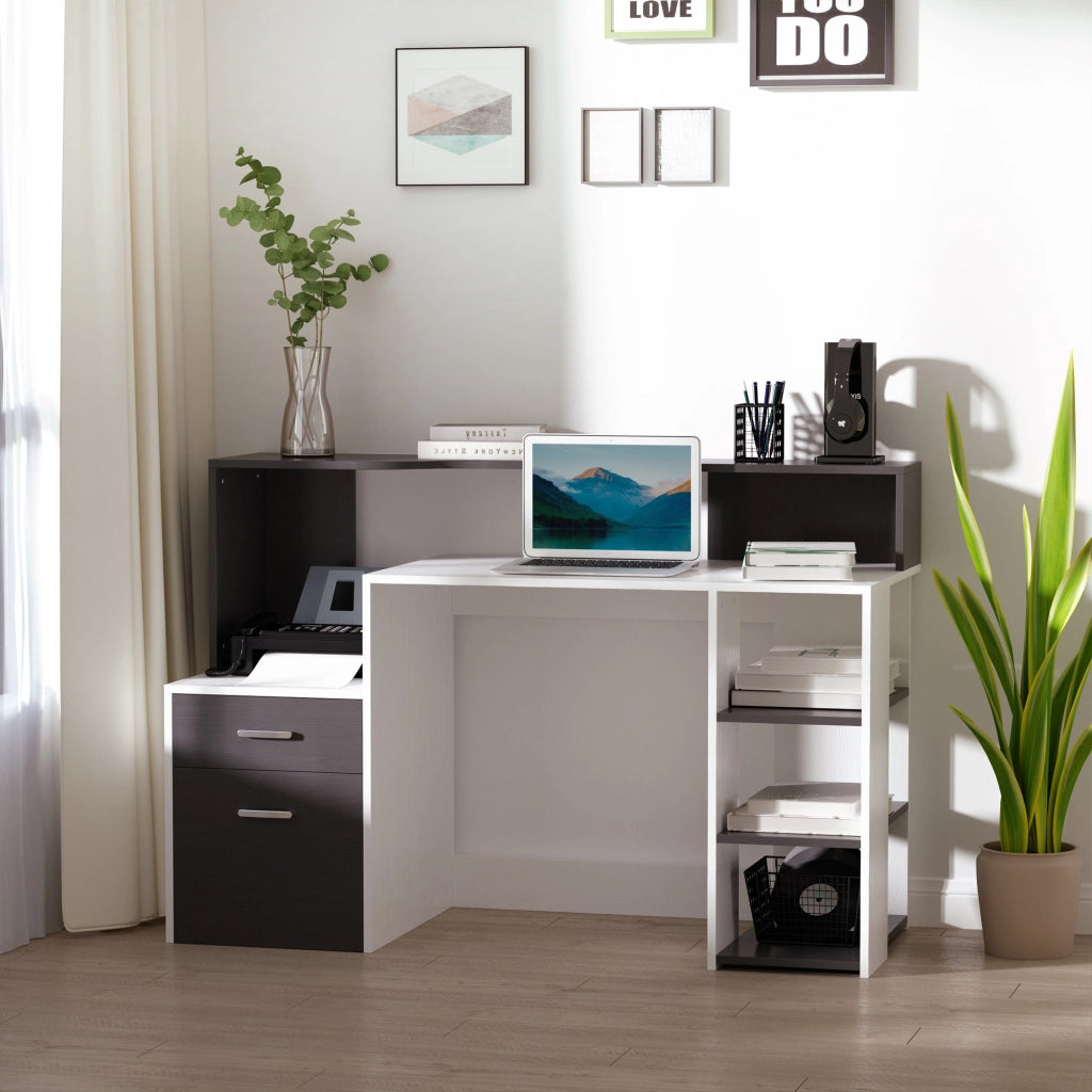 EasyComfort Scrivania per Ufficio con Ripiano Stampante, 2 Cassetti e 3 Mensole, in MDF Bianco e Nero, 137 x 55 x 92cm
