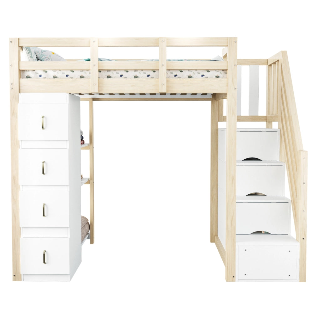 Letto a soppalco 90x200 cm con 4 cassetti e libreria; legno naturale HOMVRA
