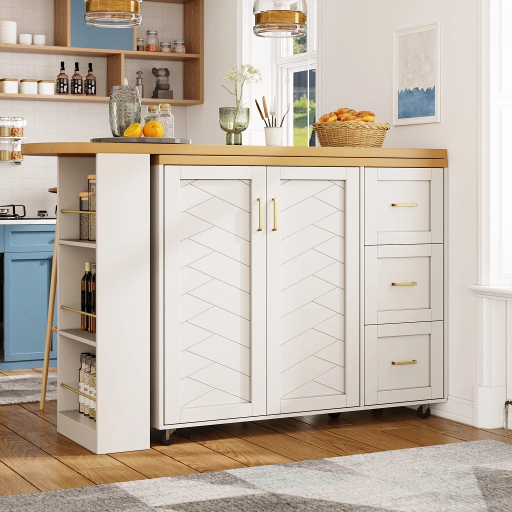Carrello da cucina allungabile con 2 ante, 3 cassetti e cestello laterale su ruote, MDF bianco, 135-228 × 39 × 104 cm