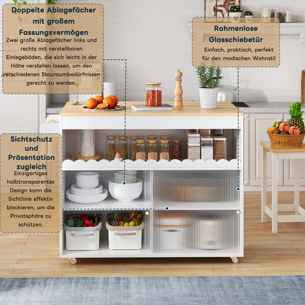 Carrello da cucina con piano pieghevole; ante scorrevoli in vetro temperato e ruote bianco naturale 122 × 46(69) × 91 cm