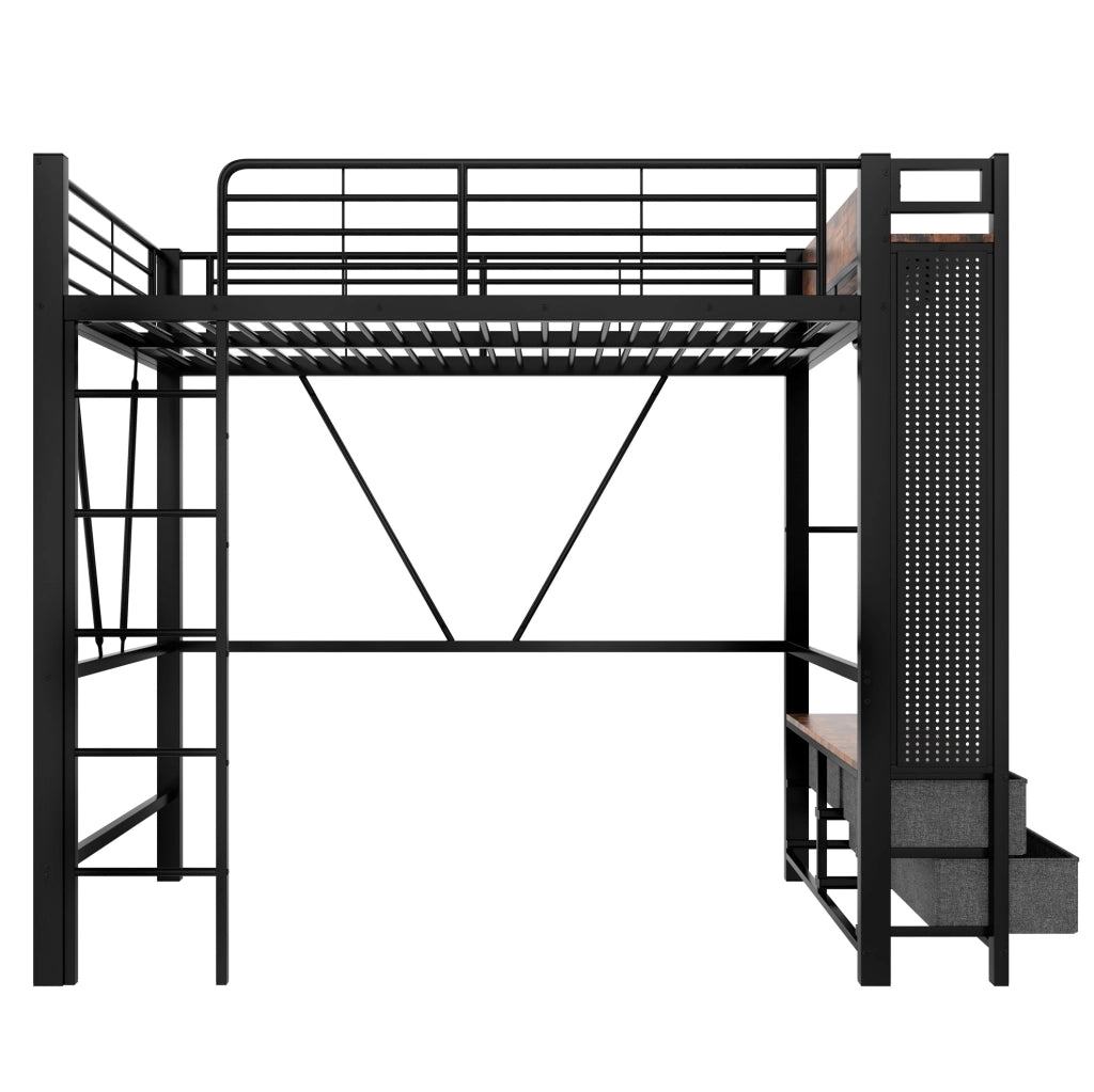 Letto a soppalco 90x200 cm nero con contenitore integrato e LED, senza materasso