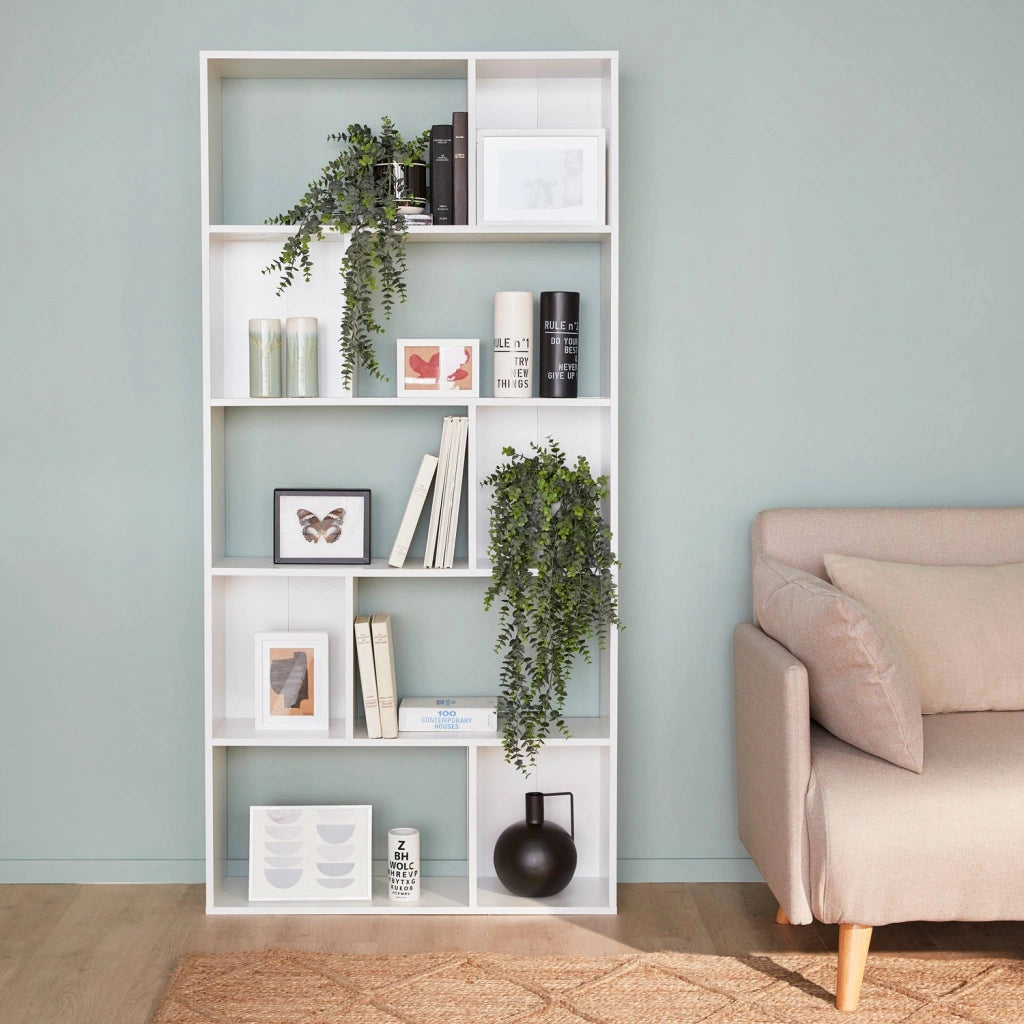 Libreria a 5 ripiani con 10 vani, bianco
