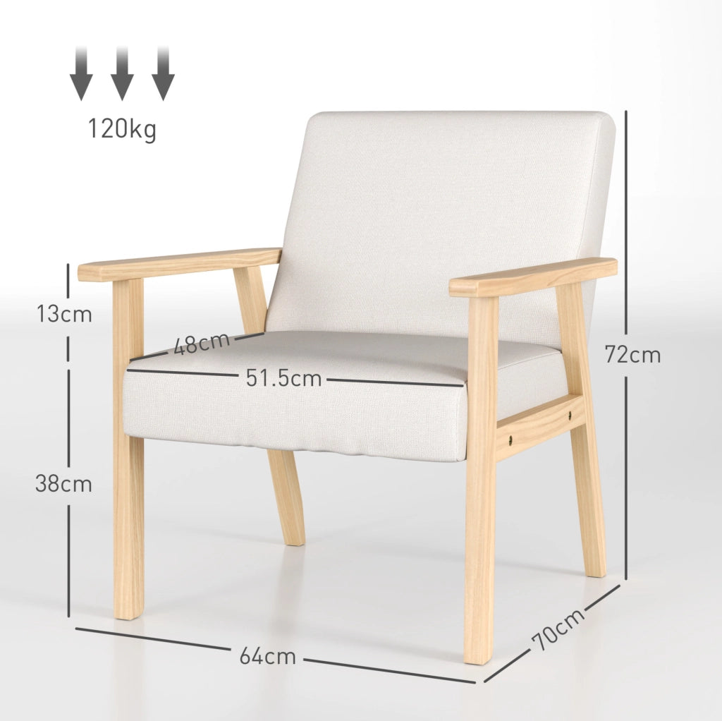 Poltrona Lounge in tessuto lino crema con braccioli e struttura in legno massiccio 64x70x72 cm