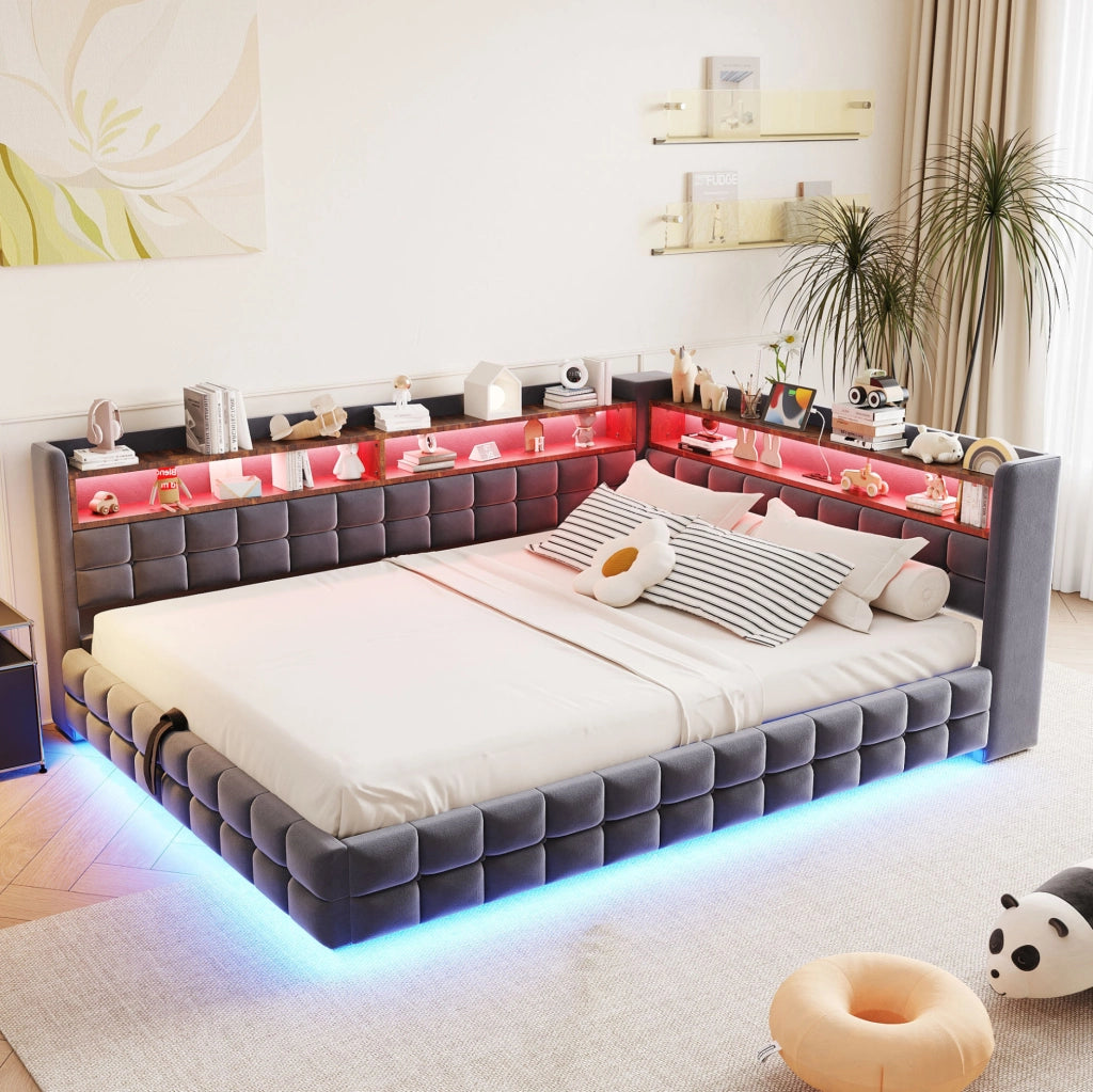 Divano letto imbottito con contenitore; LED; prese USB e Type-C; 140x200 cm; grigio
