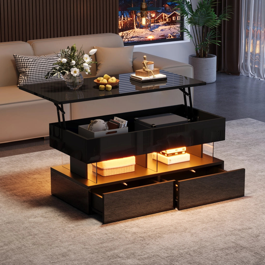 Tavolino da caffè nero 100x50x46 cm con piano sollevabile, 2 cassetti e LED controllabile via app
