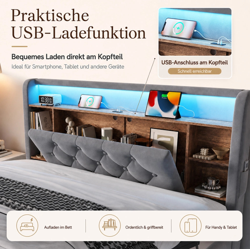 Letto imbottito 140x200 cm grigio scuro con LED e USB