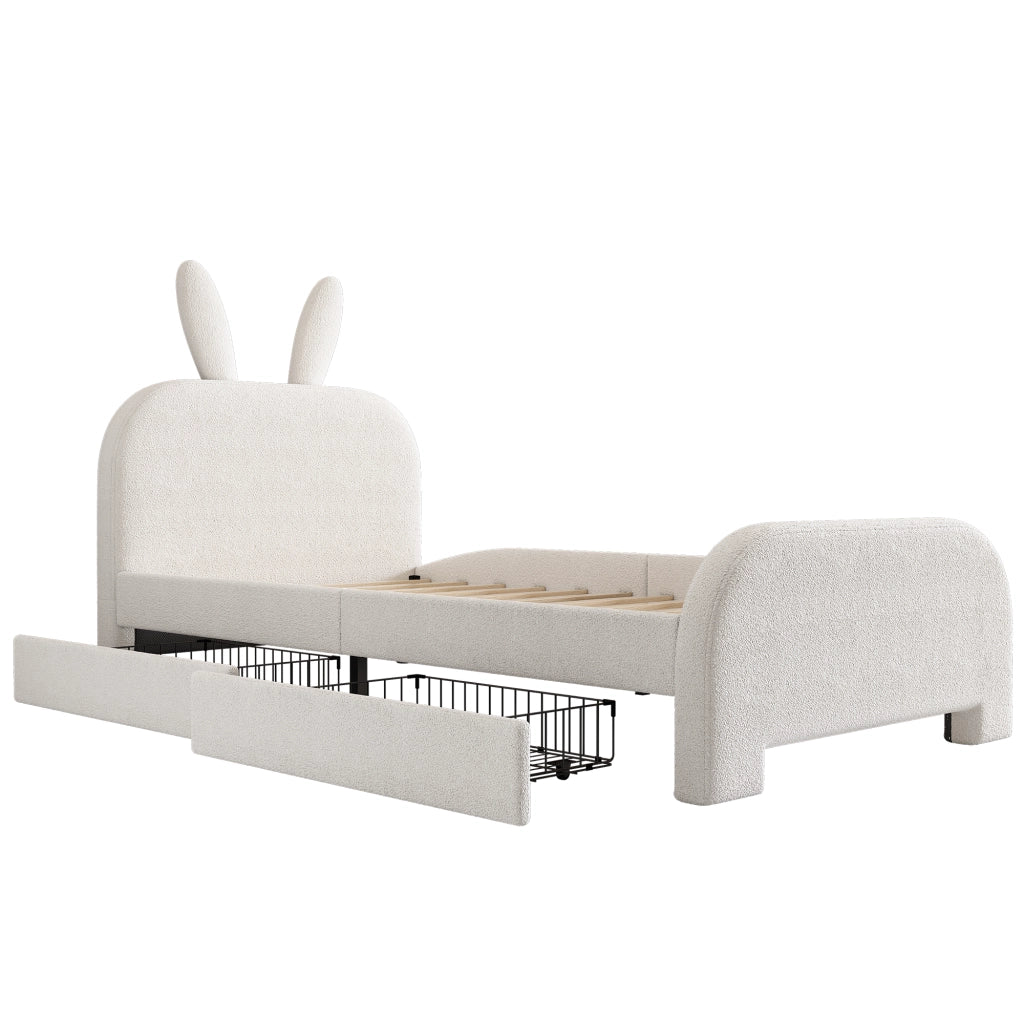 Letto basso imbottito 90 x 200 cm in lana di pecora resistente, a forma di coniglietto, due cassetti - Bianco
