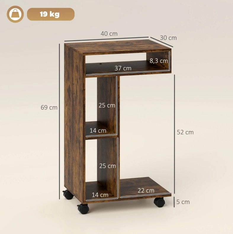 Tavolino laterale a C ULEVR 40x30x69 cm con 3 vani, 4 ruote con freno e piedini in feltro, marrone rustico